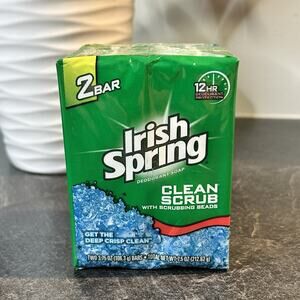 2 Bars Irish Spring Clean Scrub W Scrubbing Beads Soap‎ NO Linseed 3.75 oz Each